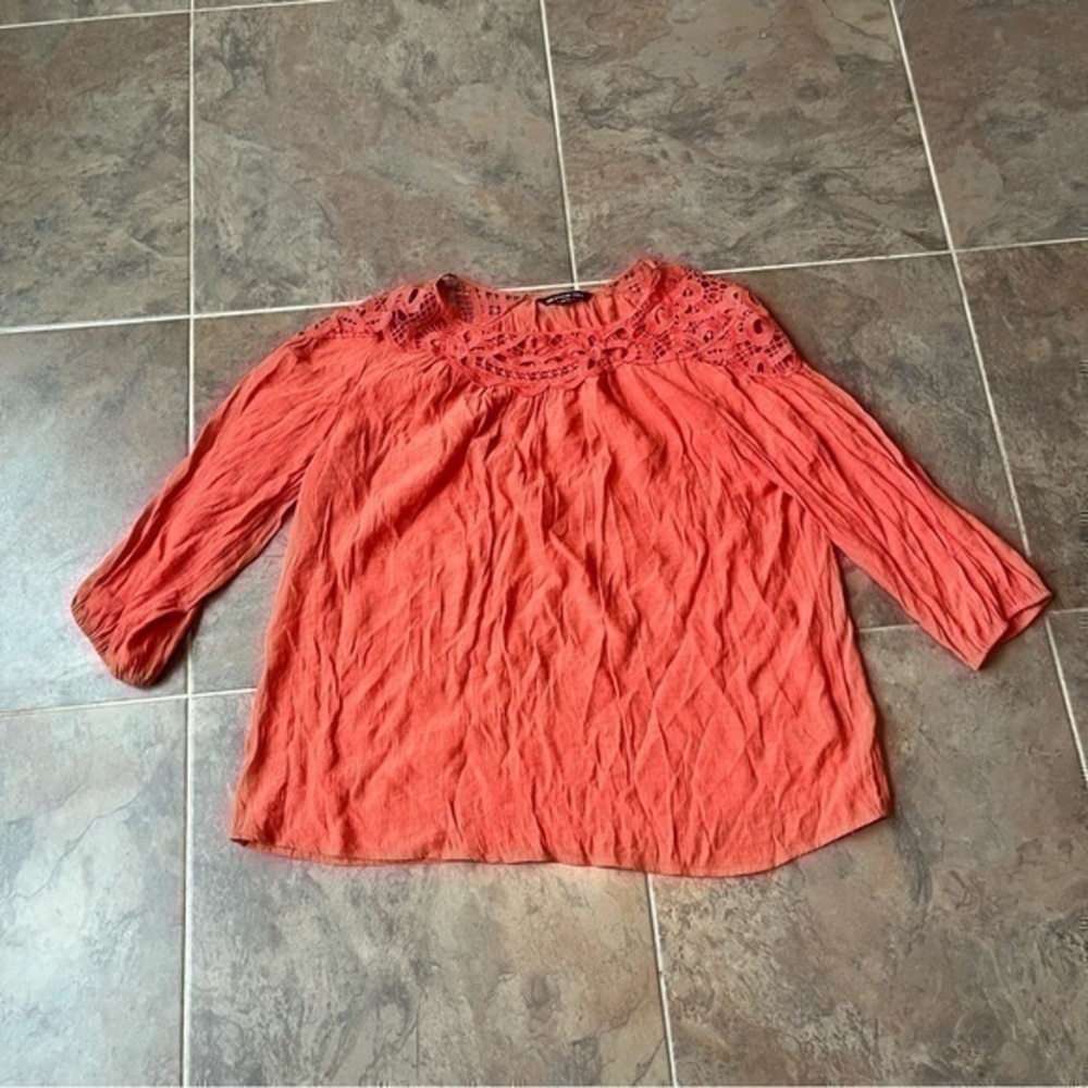 Zac & Rachel Woman Coral Boho Crochet Yoke Peasant Blouse Top Large Cottagecore - Picture 3 of 8